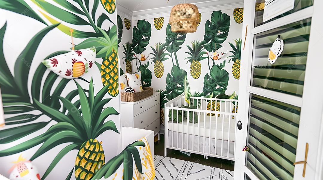 Quarto de bebê um berçário paradisíaco tropical com estampas de folhas de palmeira