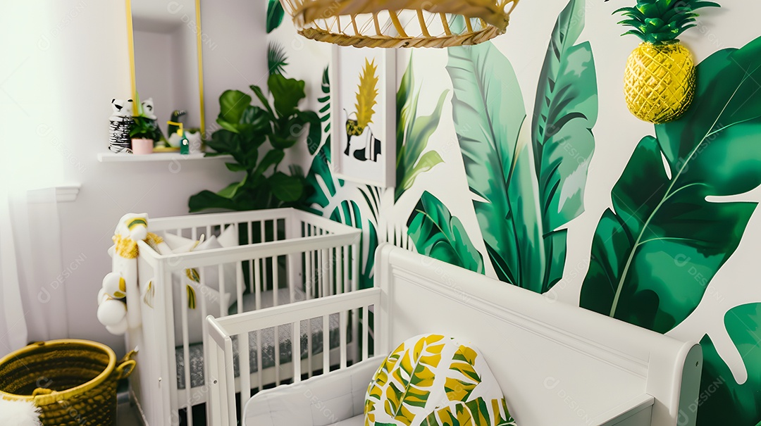Quarto de bebê um berçário paradisíaco tropical com estampas de folhas de palmeira
