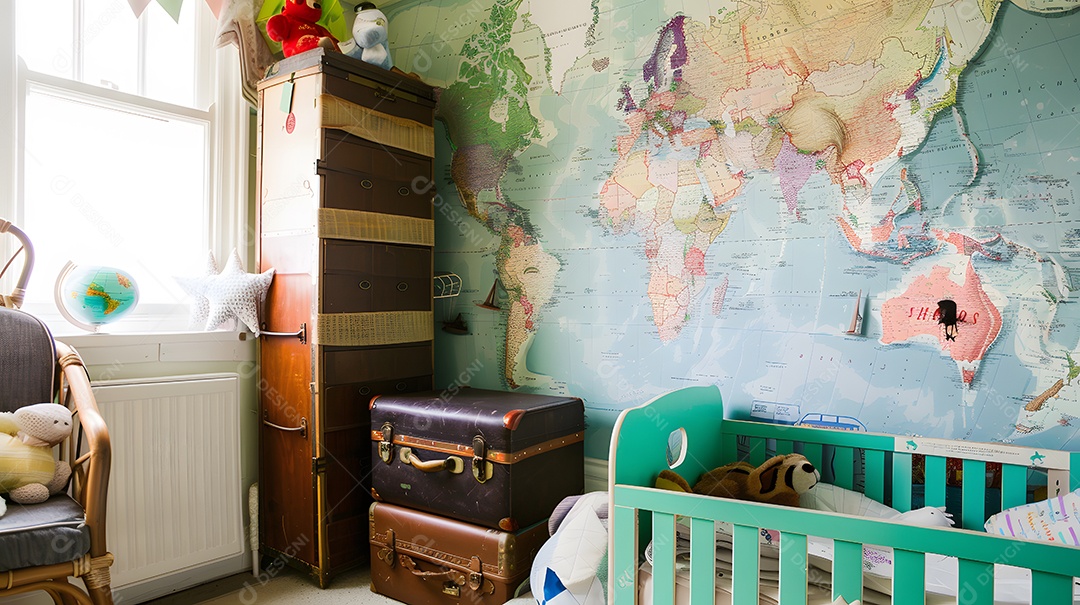 Quarto de bebê inspirado em viagens vintage com papel de parede de mapas