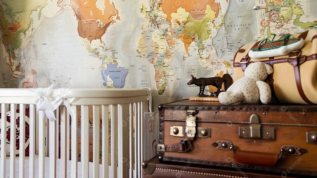 Quarto de bebê inspirado em viagens vintage com papel de parede de mapas