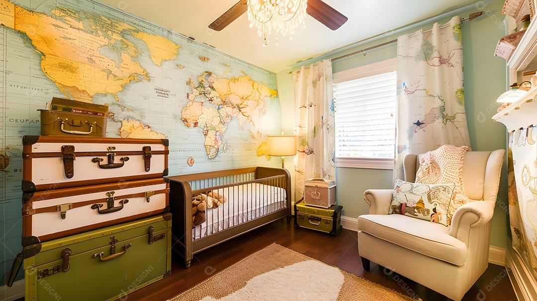 Quarto de bebê inspirado em viagens vintage com papel de parede de mapas
