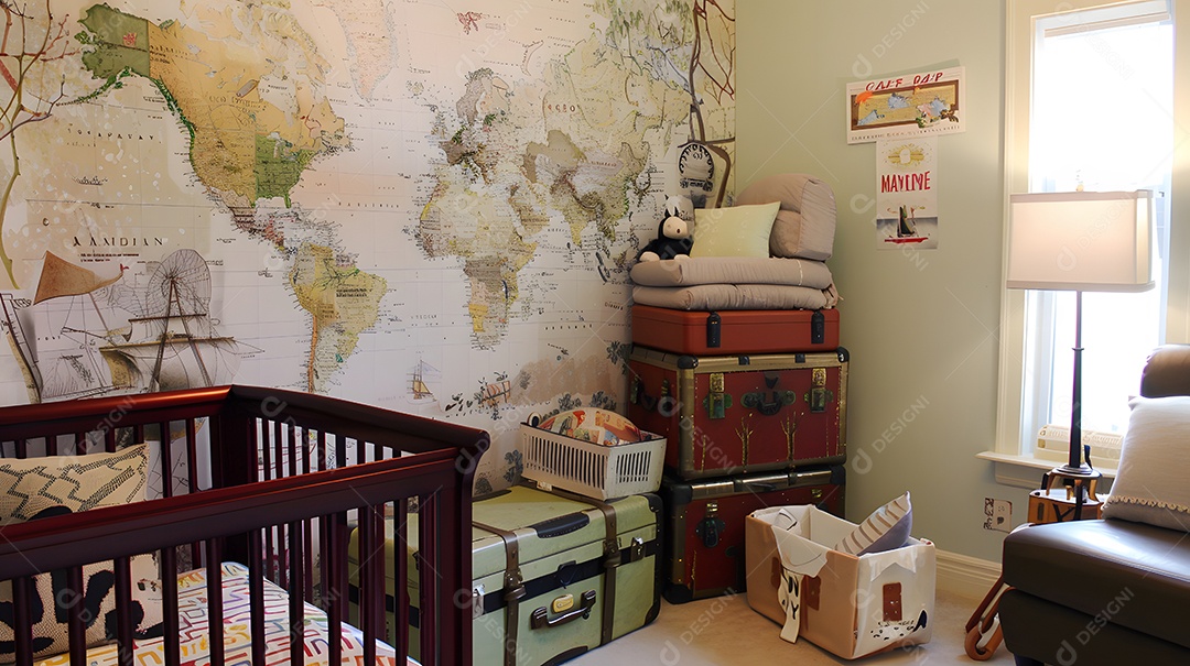 Quarto de bebê inspirado em viagens vintage com papel de parede de mapas