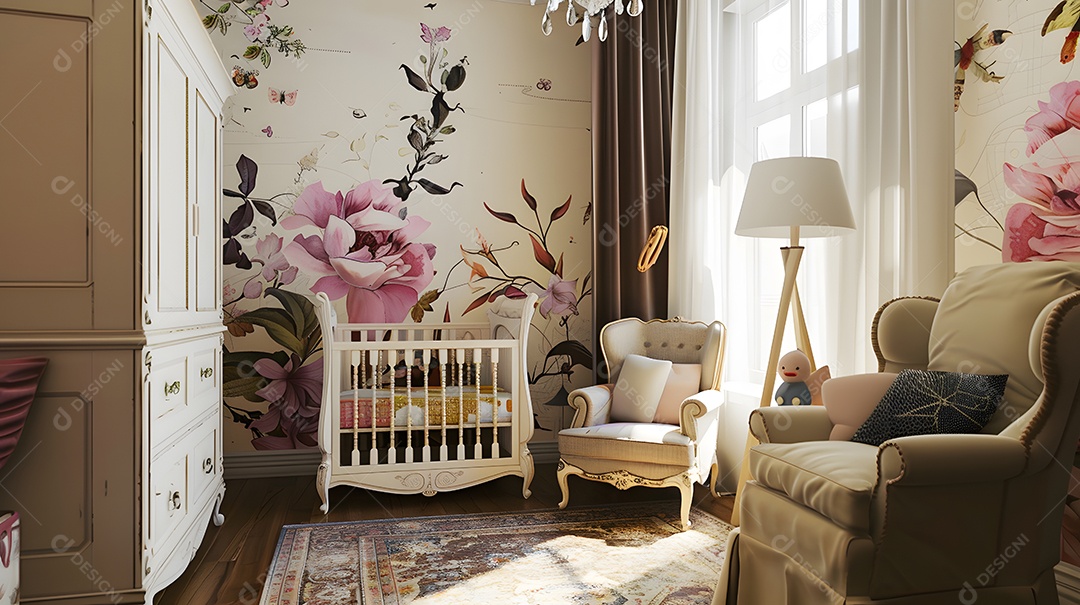 Quarto de bebê com inspiração vintage e móveis antigos e decalques florais nas paredes