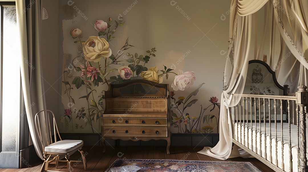 Quarto de bebê com inspiração vintage e móveis antigos e decalques florais nas paredes