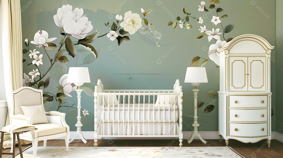 Quarto de bebê com inspiração vintage e móveis antigos e decalques florais nas paredes