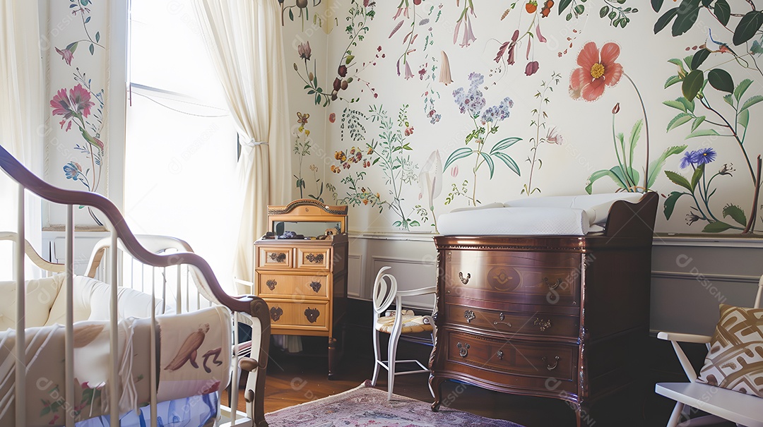 Quarto de bebê com inspiração vintage e móveis antigos e decalques florais nas paredes