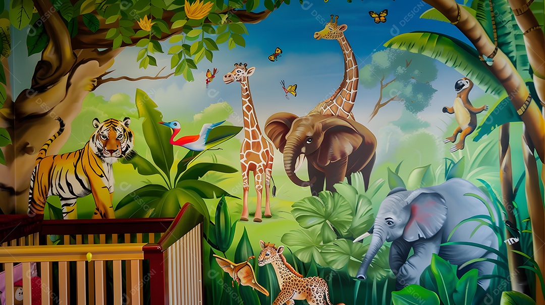 Um quarto de bebê com tema de selva e murais coloridos de animais