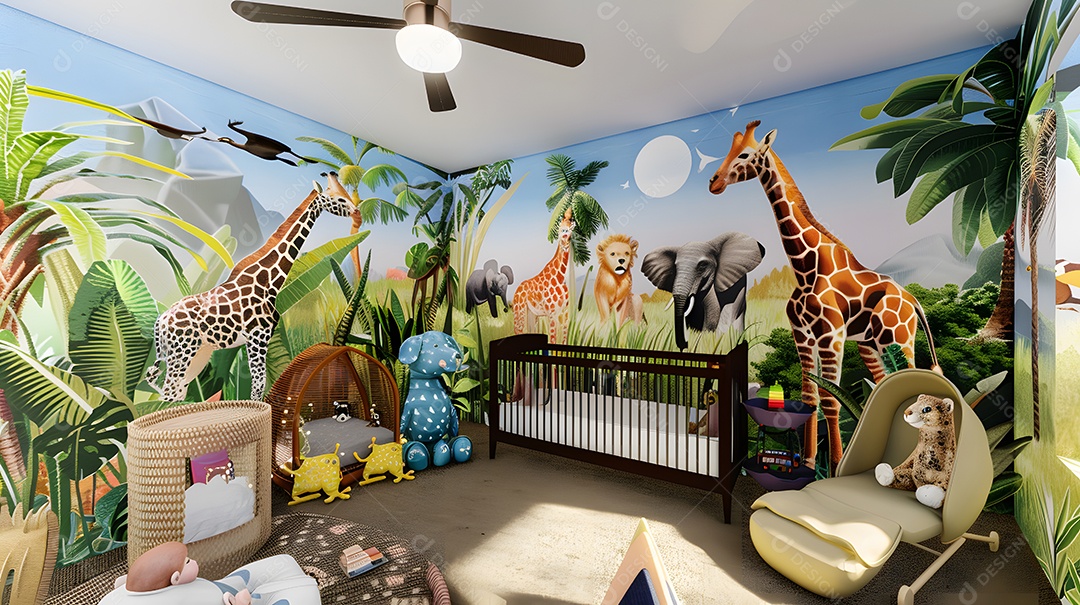 Um quarto de bebê com tema de selva e murais coloridos de animais