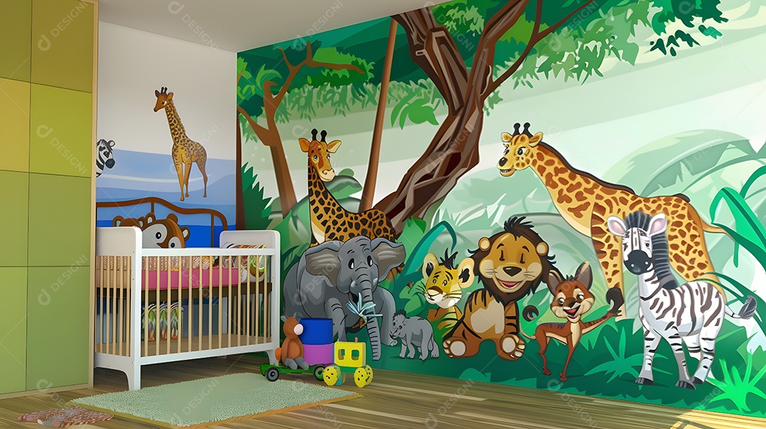 Um quarto de bebê com tema de selva e murais coloridos de animais