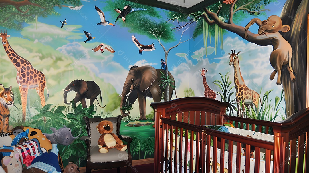 Um quarto de bebê com tema de selva e murais coloridos de animais