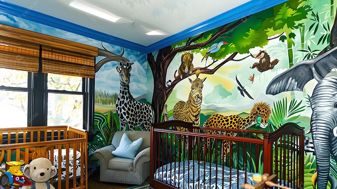 Um quarto de bebê com tema de selva e murais coloridos de animais