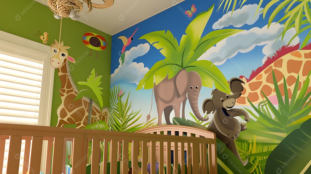 Um quarto de bebê com tema de selva e murais coloridos de animais
