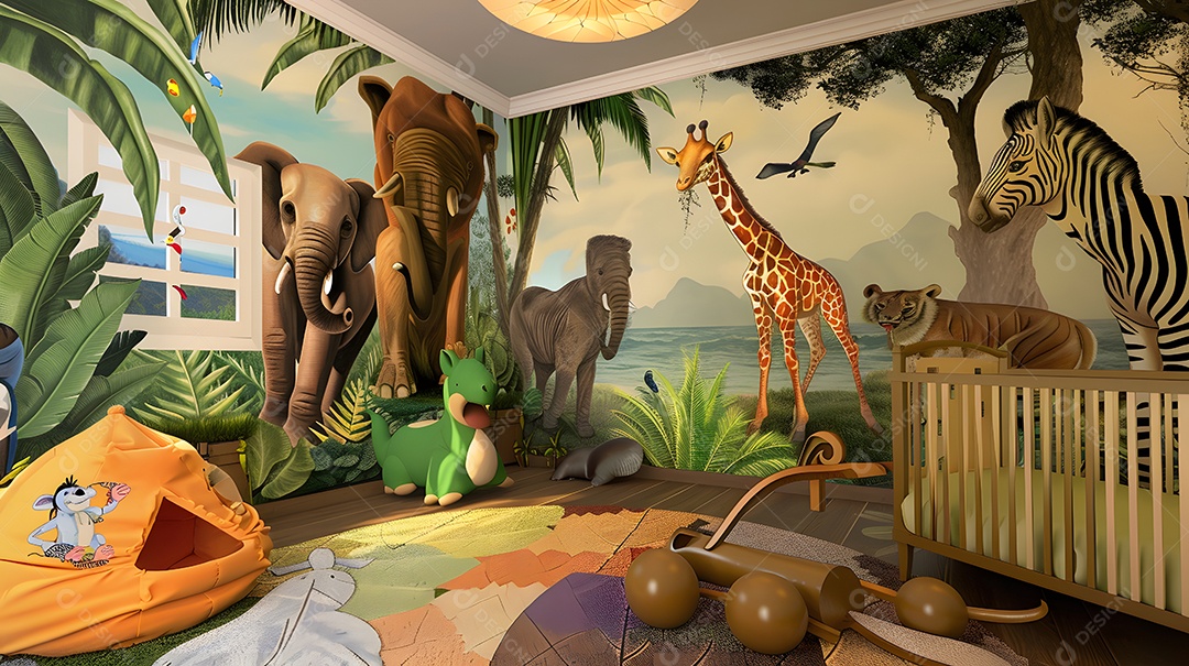 Um quarto de bebê com tema de selva e murais coloridos de animais