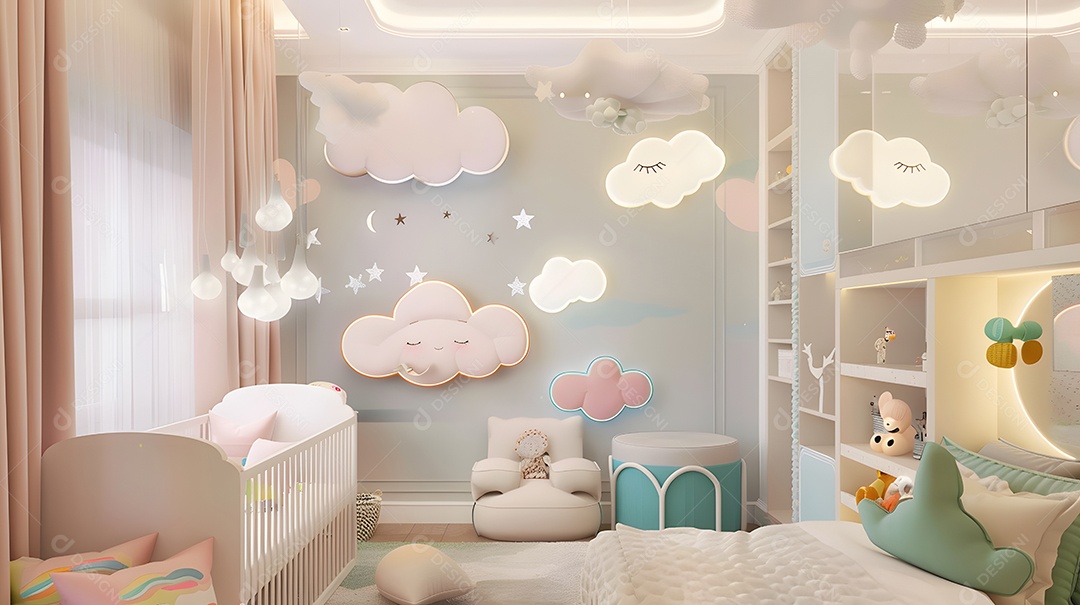 Berçário aconchegante com cores pastel e decorações de nuvens sonhadoras