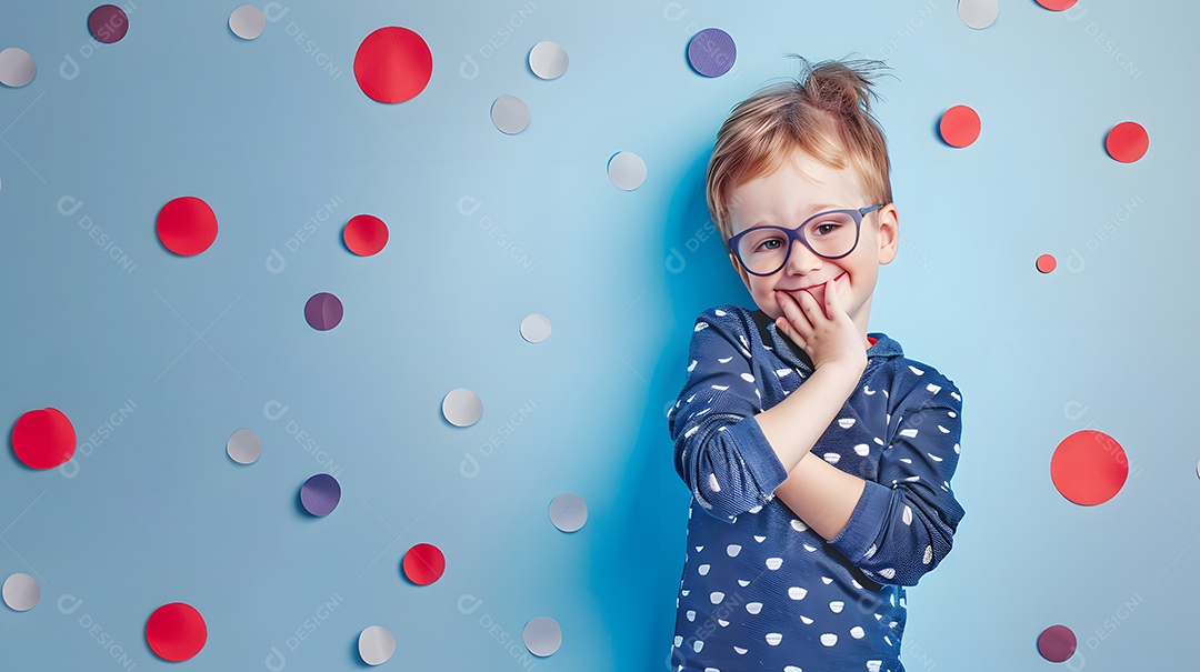Adorável menino com óculos e uma expressão lúdica em pé contra um fundo colorido de bolas