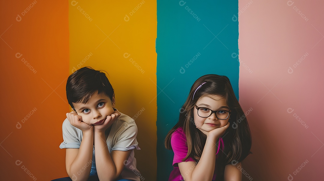 Duas crianças fazendo pose sobre fundo colorido