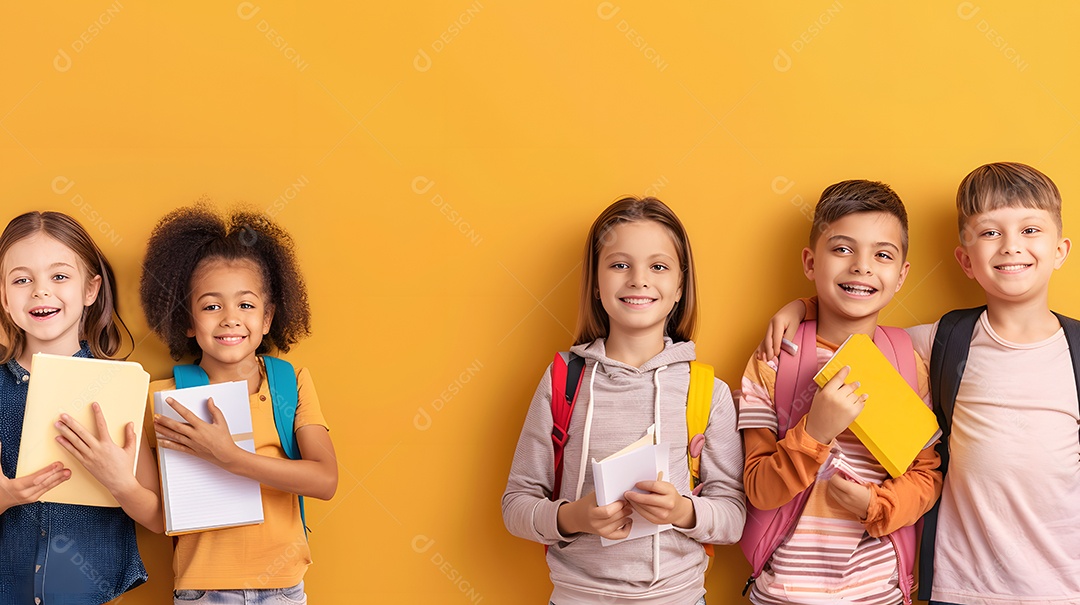 Um grupo diversificado de crianças felizes com mochilas sobre fundo amarelo