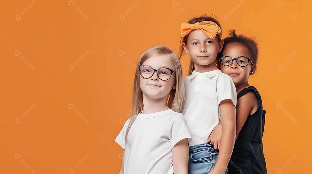 Três crianças diversas lado a lado sorrindo calorosamente sobre fundo laranja