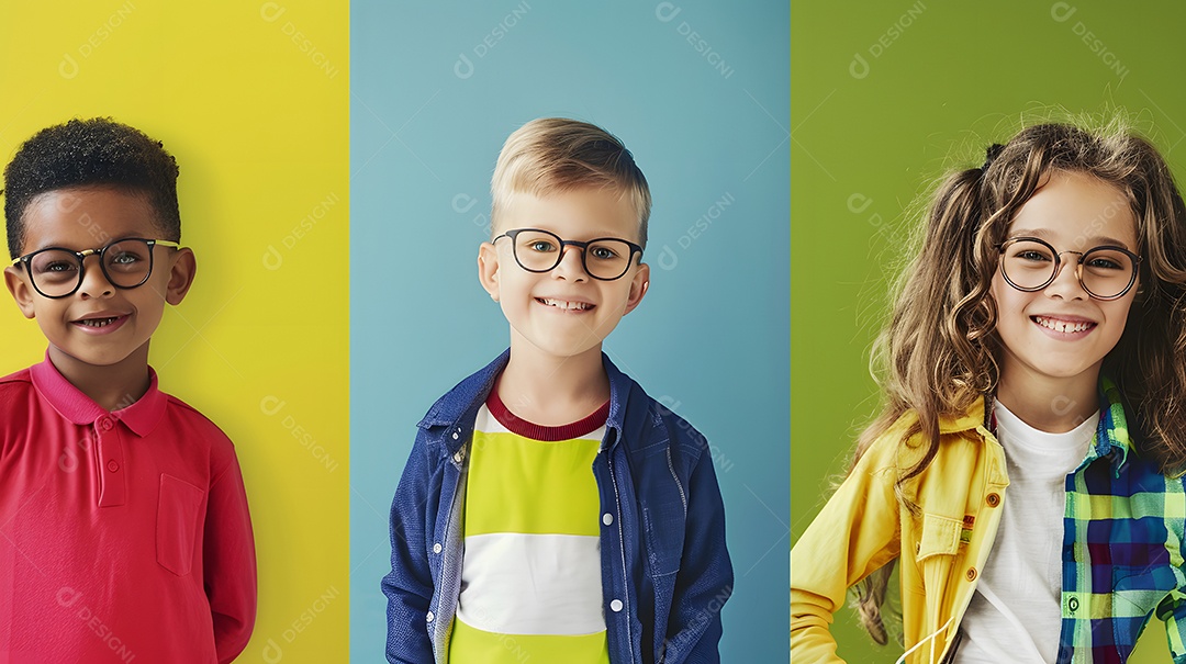 Três crianças diversas lado a lado sorrindo calorosamente sobre fundo colorido