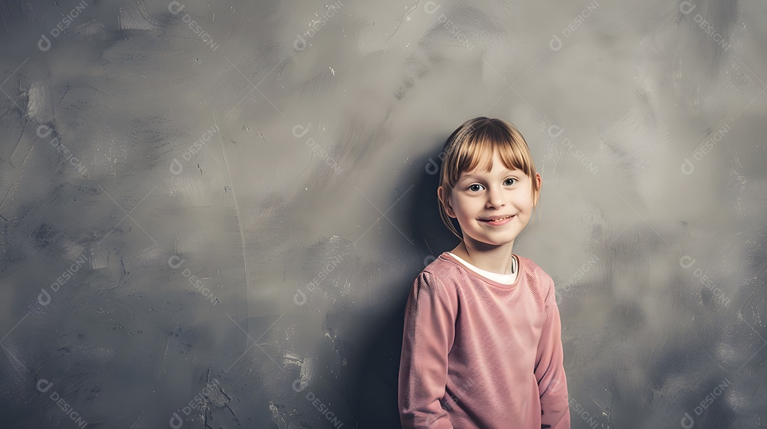 Uma jovem com um sorriso amigável está encostada em uma parede cinza texturizada