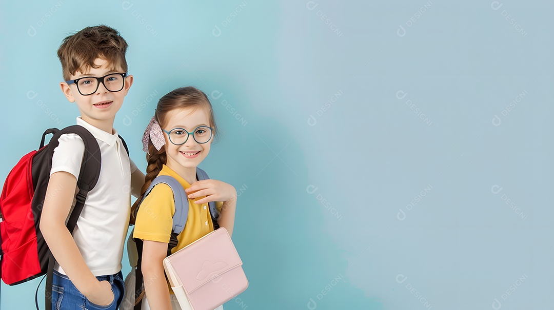 Duas crianças sorrindo usando óculos sobre fundo azul