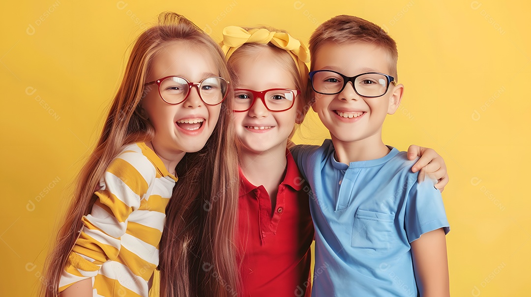 Crianças sorridentes usando óculos sobre fundo amarelo