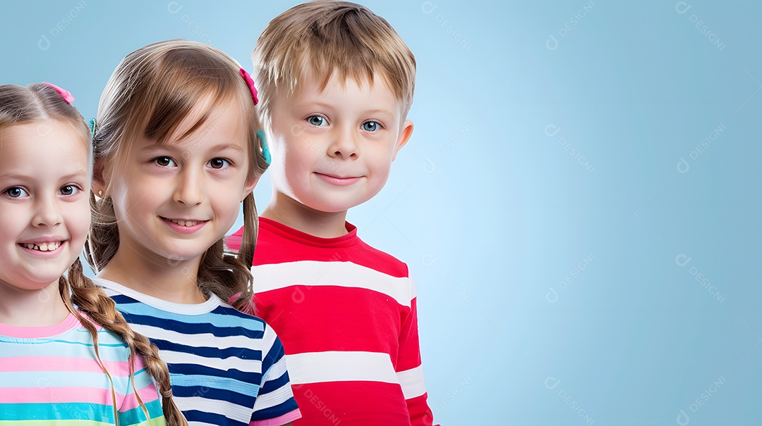 Meninas e garoto posando e sorrindo sobre fundo azul