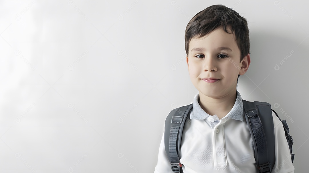 Menino com uma mochila contra um fundo branco