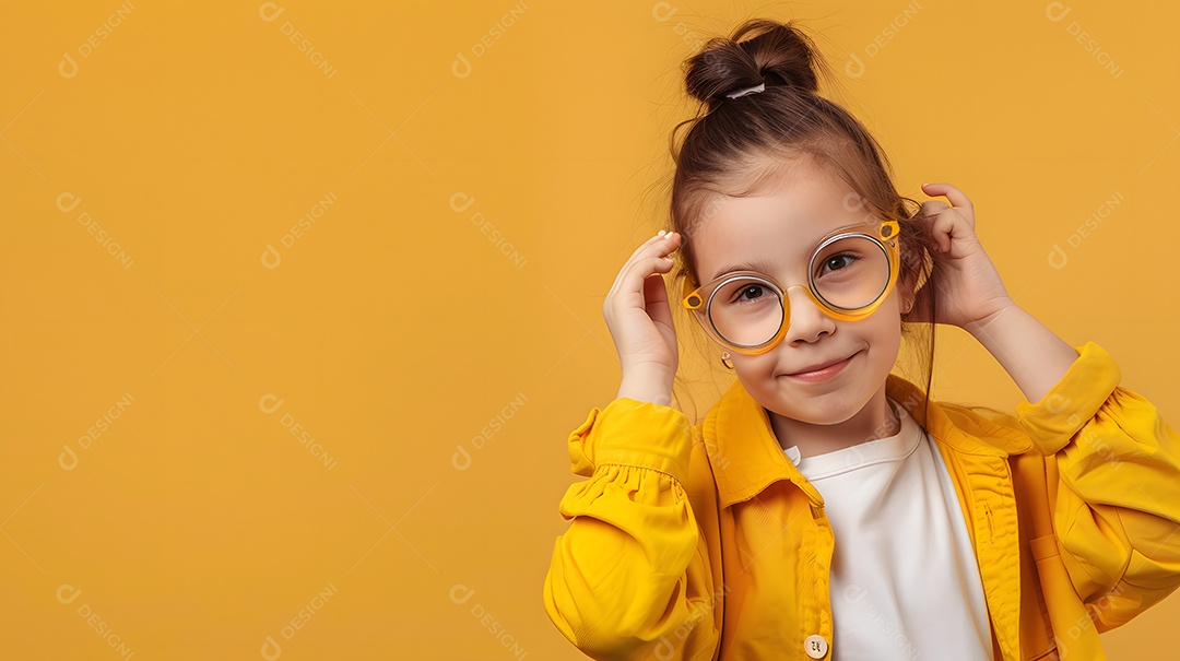 Menina adorável com óculos e uma camisa amarela fazendo uma pose divertida