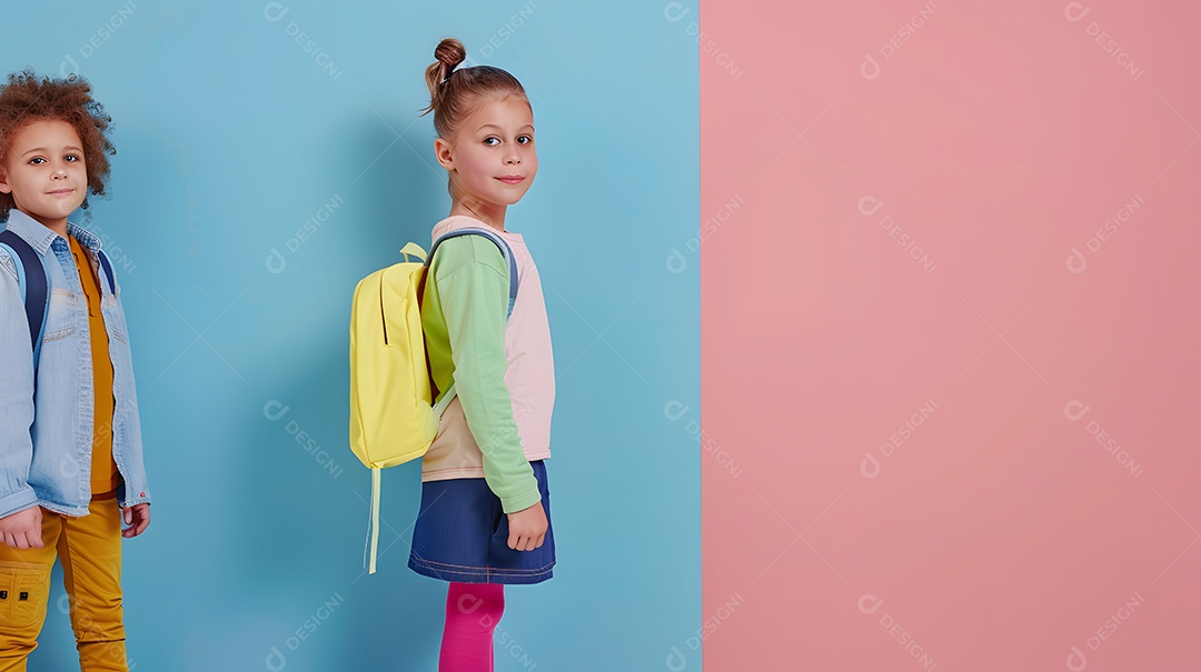 Duas crianças com mochilas posam contra um fundo colorido