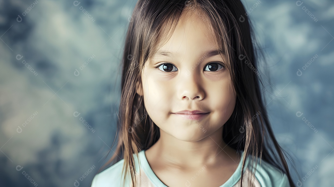 Jovem asiática com cabelos longos vestindo uma blusa azul clara sorrindo suavemente