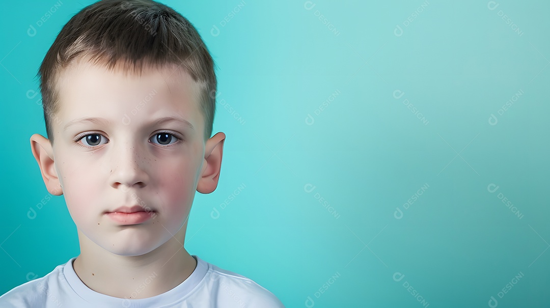 Menino sério com uma camisa branca contra um fundo azul