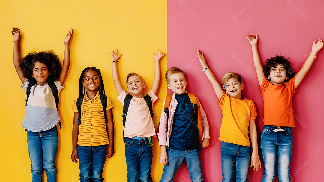 Um grupo diversificado de crianças felizes com mochilas levantando as mãos