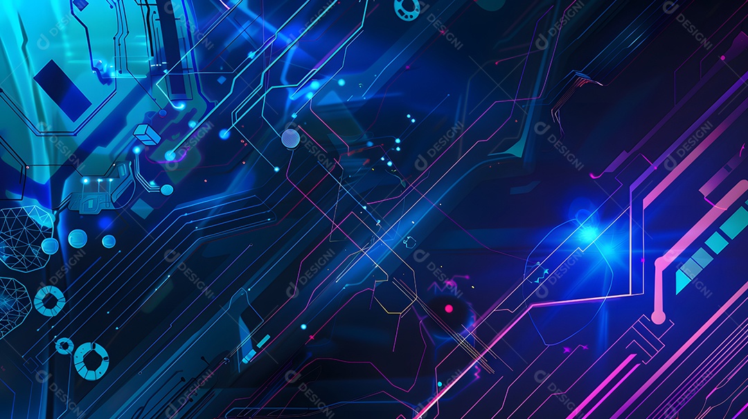 Fundo futurista apresentando uma rede digital interconectada com circuitos brilhantes neon