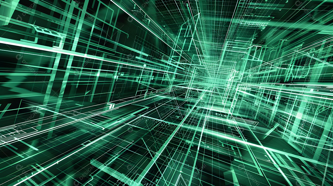 Paisagem digital futurista com linhas verdes e grades rodopiantes