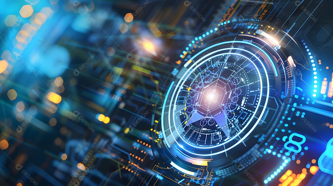 Tecnologia de circuito digital futurista com linhas azuis e vermelhas brilhantes