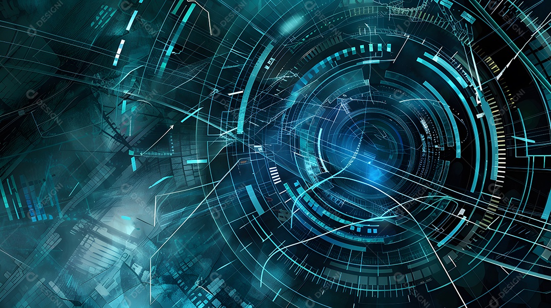 Interface digital futurista com padrões geométricos abstratos e elementos azuis brilhantes