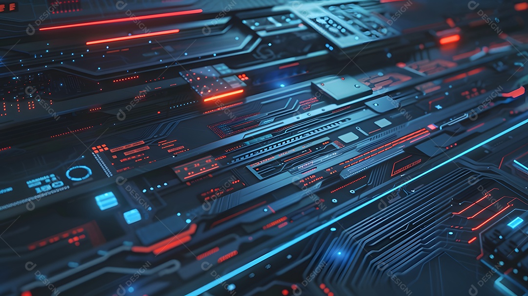 Placa de circuito digital futurista com elementos brilhantes