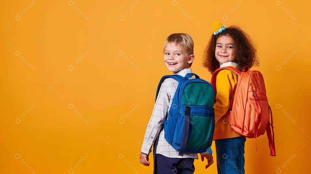 Duas crianças de mochilas sorrindo sobre fundo laranja