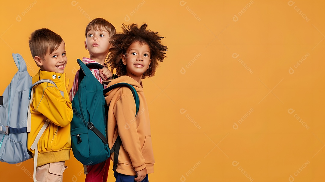 Três crianças diversas lado a lado sorrindo calorosamente em fundo laranja