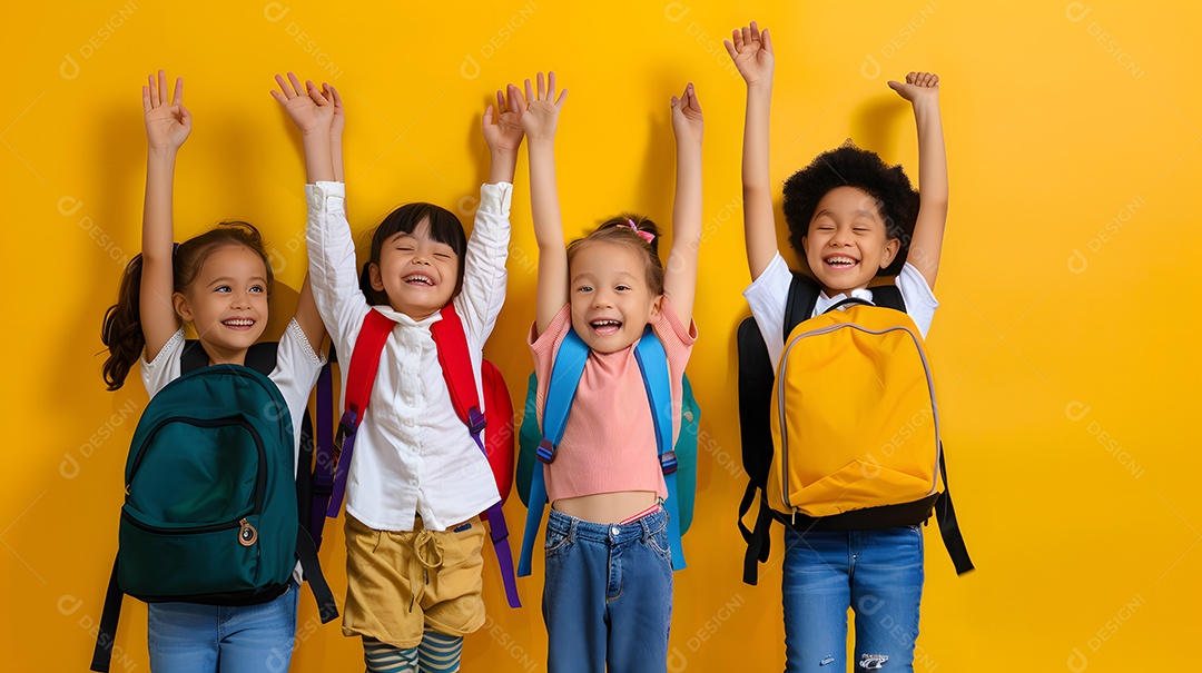 Um grupo diversificado de crianças felizes com mochilas sobre fundo amarelo