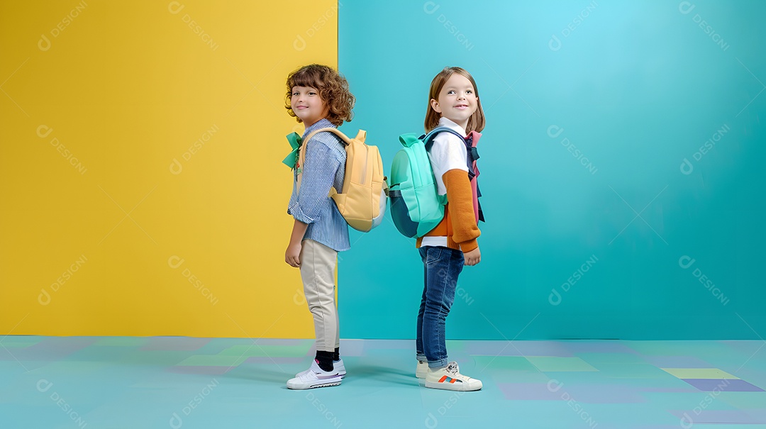 Duas crianças sorrindo de mochila sobre fundo colorida