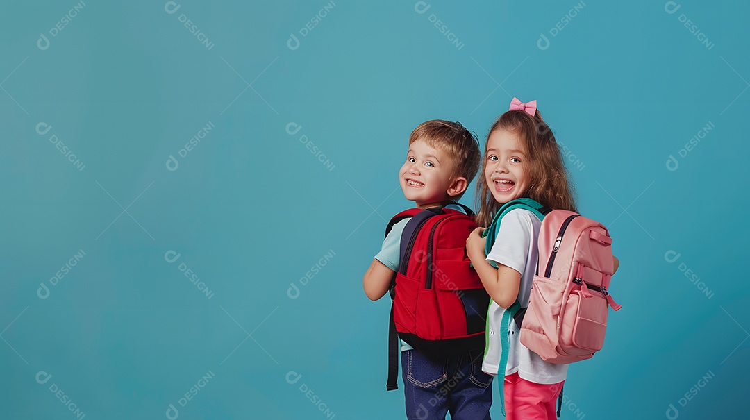 Duas crianças de mochilas sobre fundo azul
