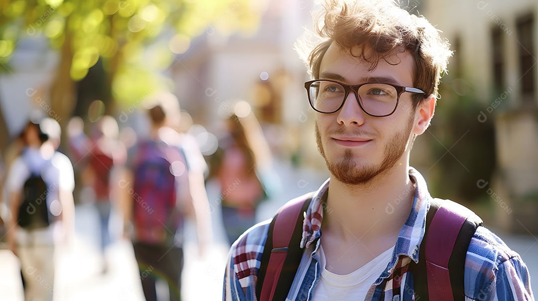 Jovem estudante vestindo camiseta branca e mochila