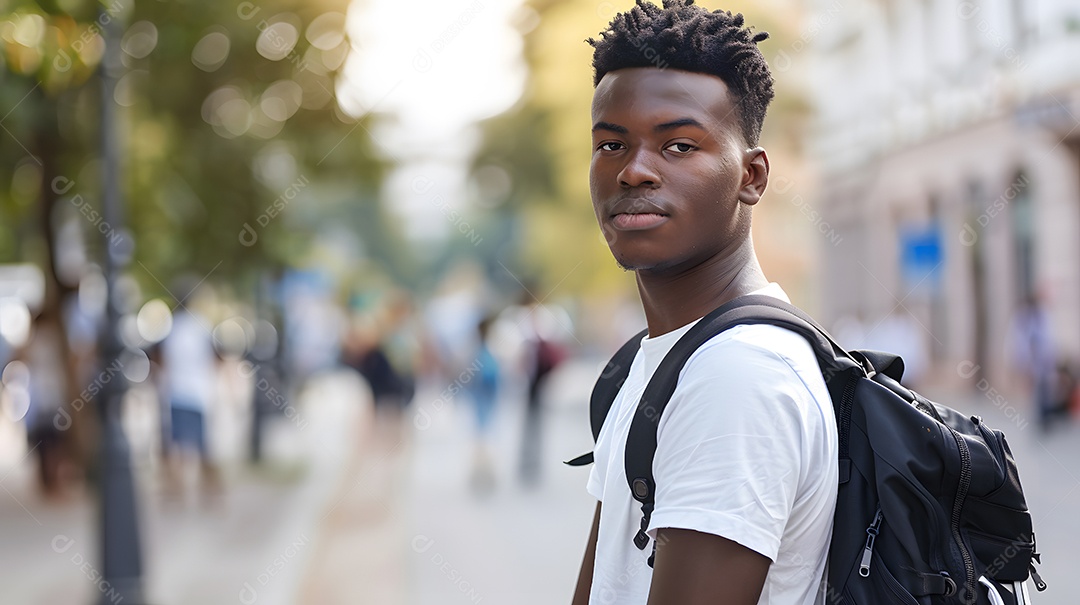 Jovem estudante vestindo camiseta branca e mochila
