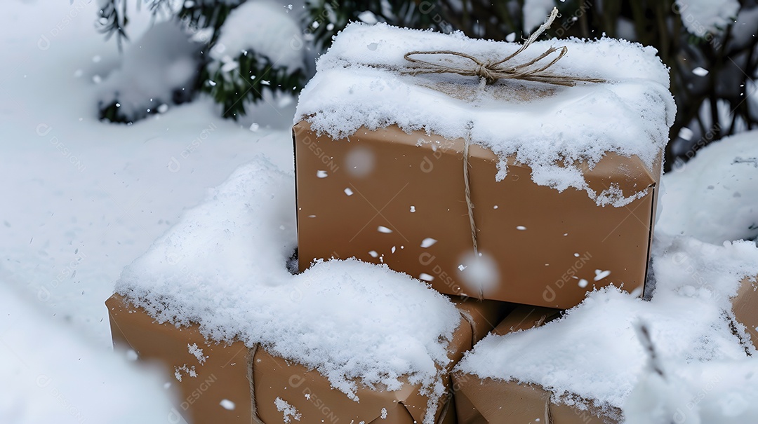 Caixas de presente cobertas de neve aninhadas juntas