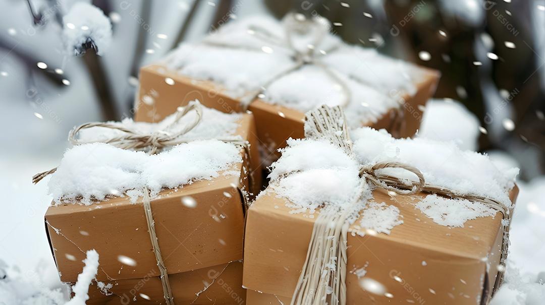 Caixas de presente cobertas de neve aninhadas juntas