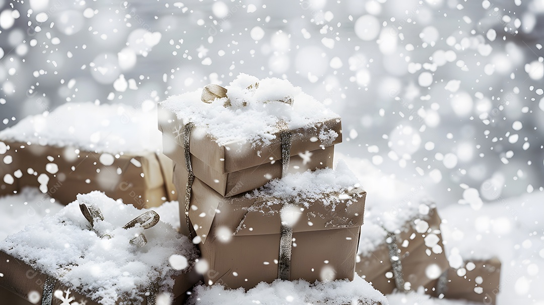 Caixas de presente cobertas de neve aninhadas juntas