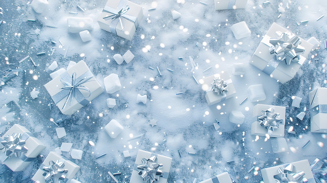 Caixas de presente brilhantes espalhadas na neve gelada