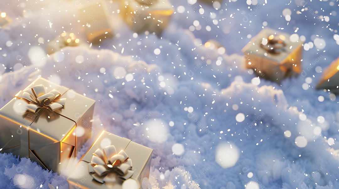 Caixas de presente brilhantes espalhadas na neve gelada